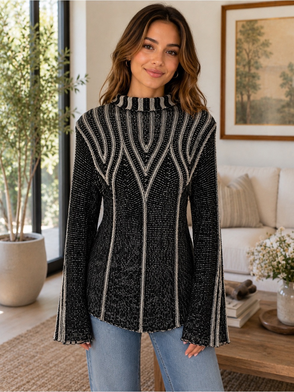 Max Edition Black & Cream Ribbed Mock Neck Sweater